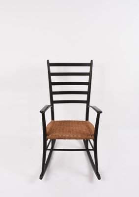 Mid-Century Scandinavian Black Wood Rocking Chair with Rope Seat, 1950s-JDR-1125863