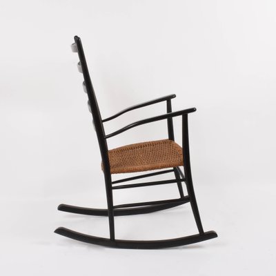 Mid-Century Scandinavian Black Wood Rocking Chair with Rope Seat, 1950s-JDR-1125863