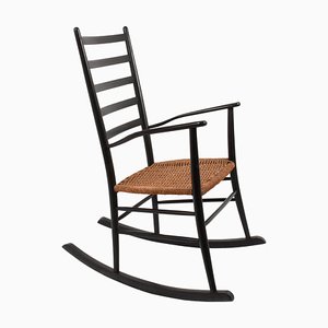 Mid-Century Scandinavian Black Wood Rocking Chair with Rope Seat, 1950s-JDR-1125863