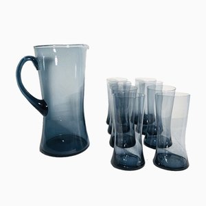 Mid-Century Scandinavian Blue Glass Juice Set, 1960s, Set of 9-RZY-715058