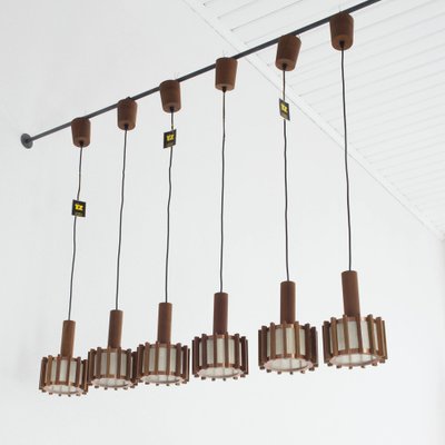 Mid-Century Scandinavian Ceiling Lamps in Teak & Copper, 1960s, Set of 6-AA-1764470