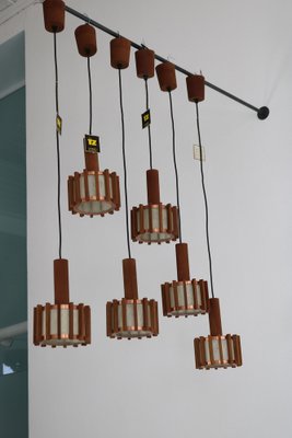 Mid-Century Scandinavian Ceiling Lamps in Teak & Copper, 1960s, Set of 6-AA-1764470