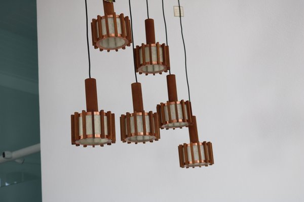 Mid-Century Scandinavian Ceiling Lamps in Teak & Copper, 1960s, Set of 6-AA-1764470