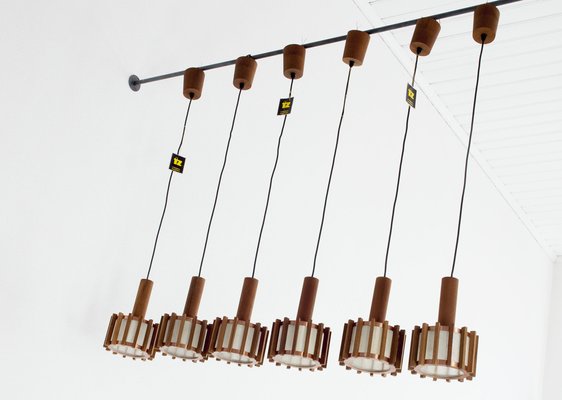 Mid-Century Scandinavian Ceiling Lamps in Teak & Copper, 1960s, Set of 6-AA-1764470