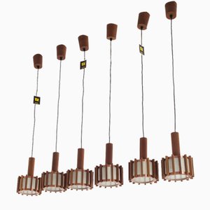 Mid-Century Scandinavian Ceiling Lamps in Teak & Copper, 1960s, Set of 6-AA-1764470