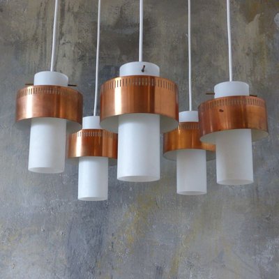 Mid-Century Scandinavian Copper and Opaline Glass Ceiling Lamp-WK-729467