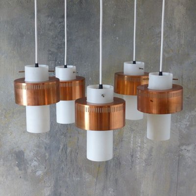 Mid-Century Scandinavian Copper and Opaline Glass Ceiling Lamp-WK-729467