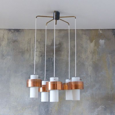 Mid-Century Scandinavian Copper and Opaline Glass Ceiling Lamp-WK-729467