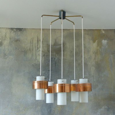 Mid-Century Scandinavian Copper and Opaline Glass Ceiling Lamp-WK-729467