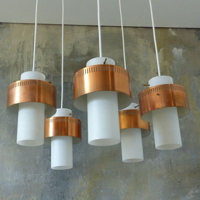 Mid-Century Scandinavian Copper and Opaline Glass Ceiling Lamp-WK-729467