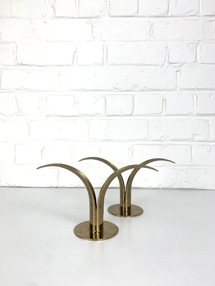 Mid-Century Scandinavian Lily Candleholders in Brass by Ivar Ålenius Björk for Ystad-Metall, Sweden, Set of 2