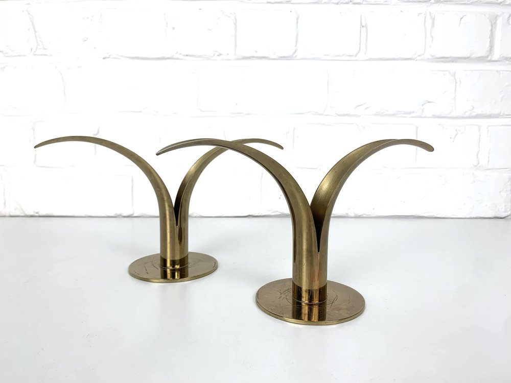 Mid-Century Scandinavian Lily Candleholders in Brass by Ivar Ålenius Björk for Ystad-Metall, Sweden, Set of 2