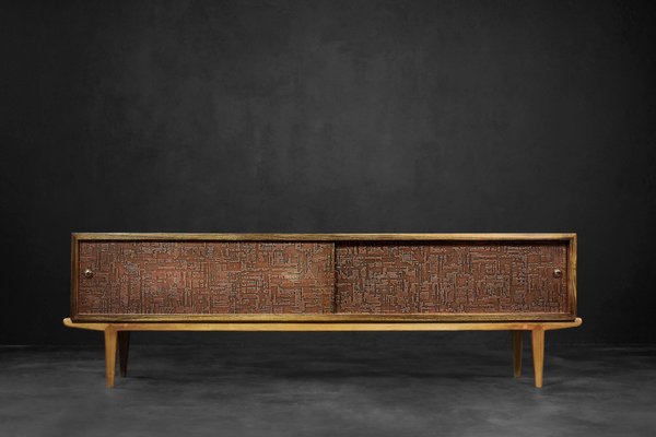 Mid-Century Scandinavian Modern Birch Sideboard with Copper Relief on the Front, 1960s-ZAA-1758141