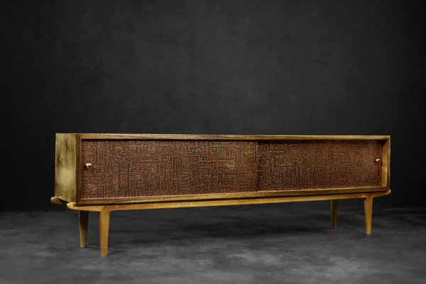 Mid-Century Scandinavian Modern Birch Sideboard with Copper Relief on the Front, 1960s-ZAA-1758141