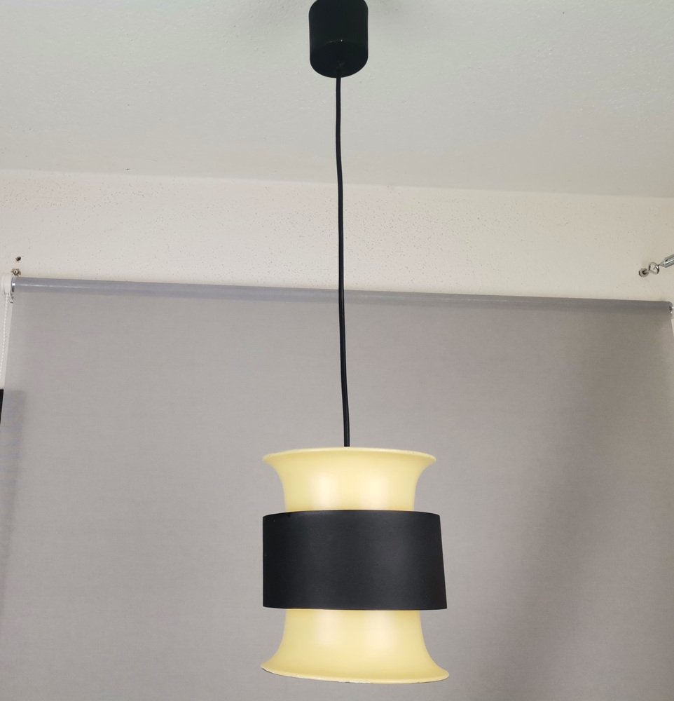 Mid-Century Scandinavian Modern Cream Black Aluminium Hanging Lamp in style of Bent Nordsted, 1970s