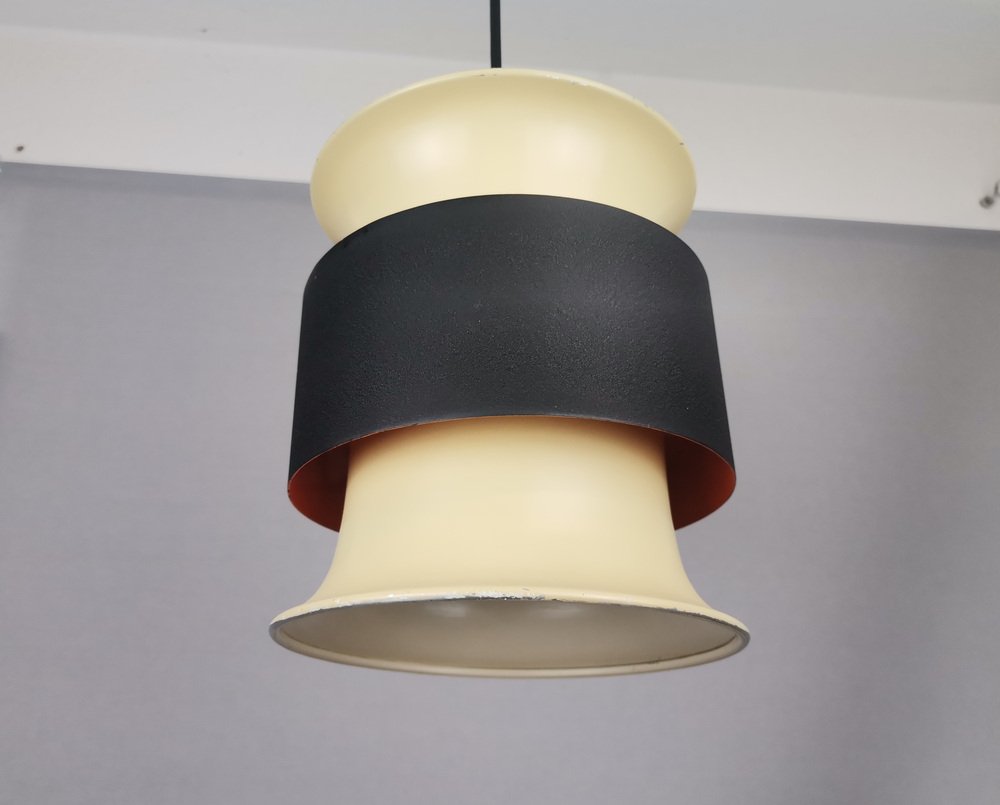 Mid-Century Scandinavian Modern Cream Black Aluminium Hanging Lamp in style of Bent Nordsted, 1970s