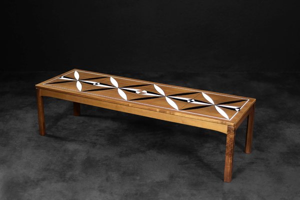 Mid-Century Scandinavian Modern Teak Long and Low Coffee Table with Hand-Painted Pattern on Top, 1960s-ZAA-1764644