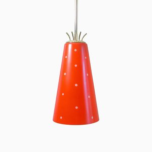 Mid-Century Scandinavian Red Glass and Brass Pendant, 1950s-OE-897853