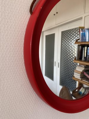 Mid-Century Scandinavian Red Round Wooden Mirror with Leather Strap, 1950s-DE-2017554