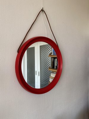 Mid-Century Scandinavian Red Round Wooden Mirror with Leather Strap, 1950s-DE-2017554