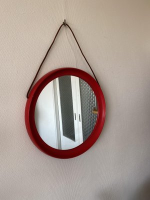 Mid-Century Scandinavian Red Round Wooden Mirror with Leather Strap, 1950s-DE-2017554