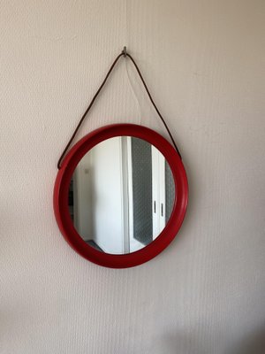 Mid-Century Scandinavian Red Round Wooden Mirror with Leather Strap, 1950s-DE-2017554