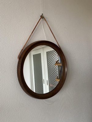 Mid-Century Scandinavian Round Wenge Wood Mirror with Leather Strap, 1950s-DE-2017555