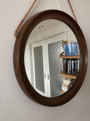 Mid-Century Scandinavian Round Wenge Wood Mirror with Leather Strap, 1950s-DE-2017555