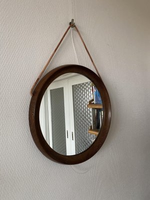 Mid-Century Scandinavian Round Wenge Wood Mirror with Leather Strap, 1950s-DE-2017555