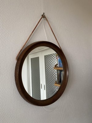 Mid-Century Scandinavian Round Wenge Wood Mirror with Leather Strap, 1950s-DE-2017555