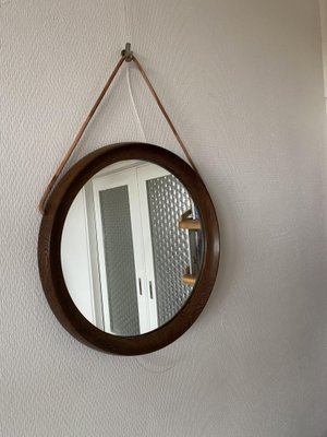 Mid-Century Scandinavian Round Wenge Wood Mirror with Leather Strap, 1950s-DE-2017555