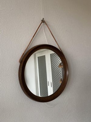 Mid-Century Scandinavian Round Wenge Wood Mirror with Leather Strap, 1950s-DE-2017555