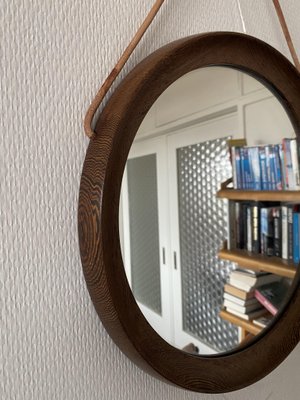 Mid-Century Scandinavian Round Wenge Wood Mirror with Leather Strap, 1950s-DE-2017555