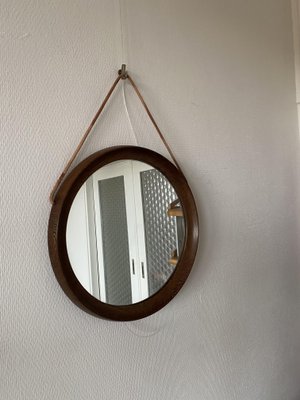 Mid-Century Scandinavian Round Wenge Wood Mirror with Leather Strap, 1950s-DE-2017555