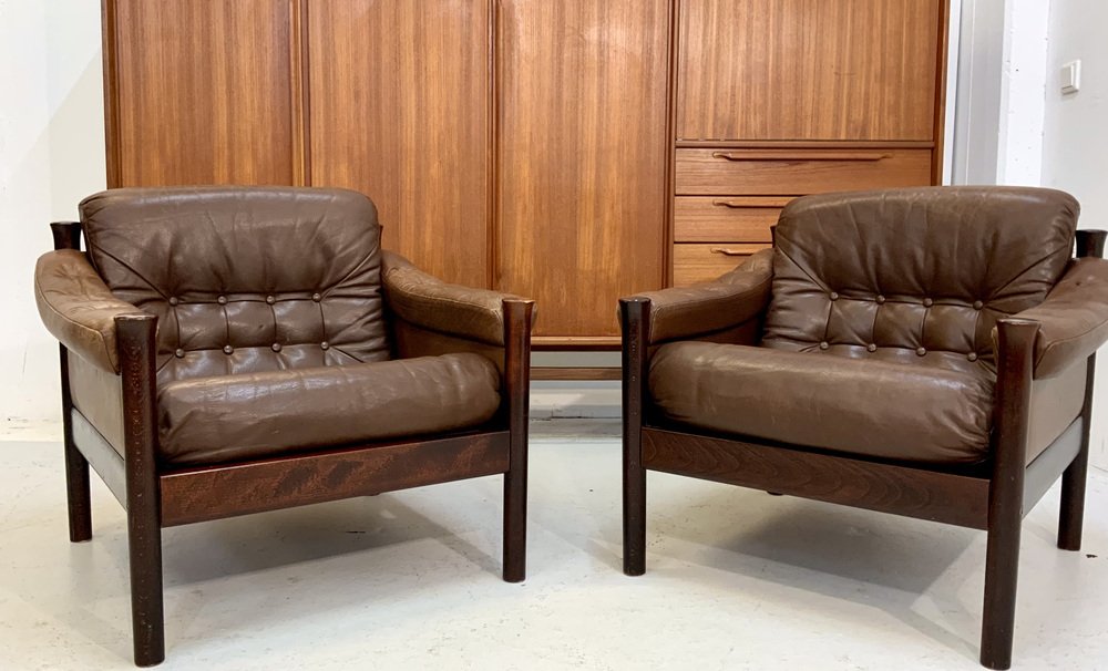 Mid-Century Scandinavian Safari Leather Lounge Chairs by Torbjorn Afdal for Bruksbo, Norway, 1960s, Set of 2