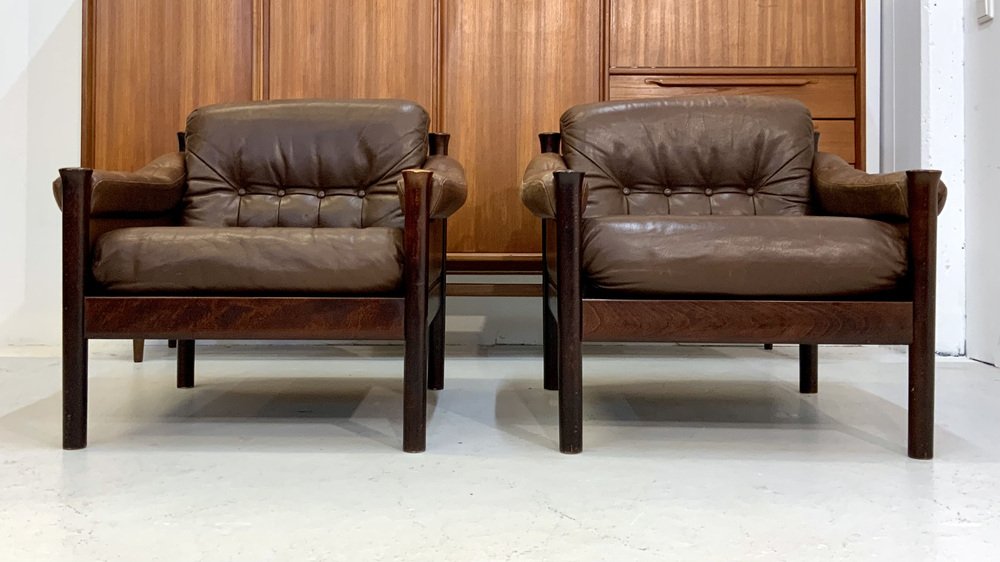 Mid-Century Scandinavian Safari Leather Lounge Chairs by Torbjorn Afdal for Bruksbo, Norway, 1960s, Set of 2