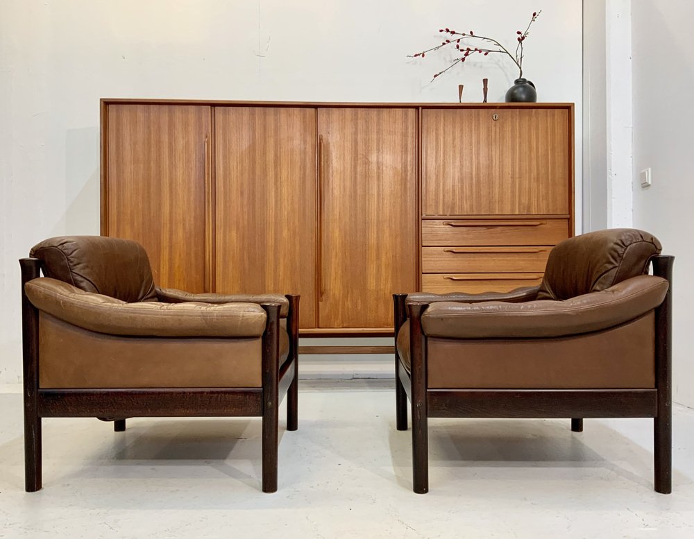 Mid-Century Scandinavian Safari Leather Lounge Chairs by Torbjorn Afdal for Bruksbo, Norway, 1960s, Set of 2