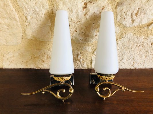 Mid-Century Scandinavian Style Brass & Opaline Sconces, Set of 2-OJT-928739