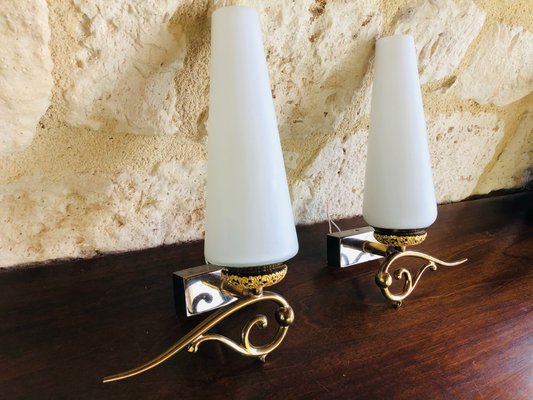 Mid-Century Scandinavian Style Brass & Opaline Sconces, Set of 2-OJT-928739