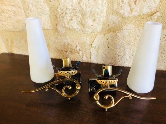 Mid-Century Scandinavian Style Brass & Opaline Sconces, Set of 2-OJT-928739