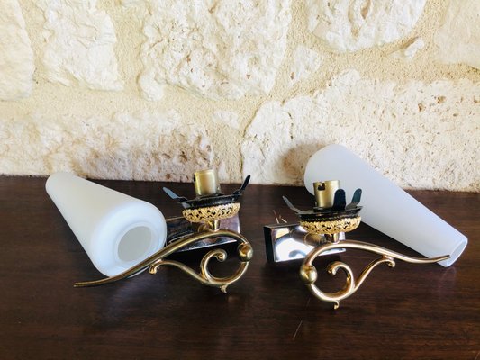 Mid-Century Scandinavian Style Brass & Opaline Sconces, Set of 2-OJT-928739