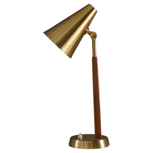 Mid-Century Scandinavian Table Lamp in Brass and Oak attributed to Falkenbergs, 1950s