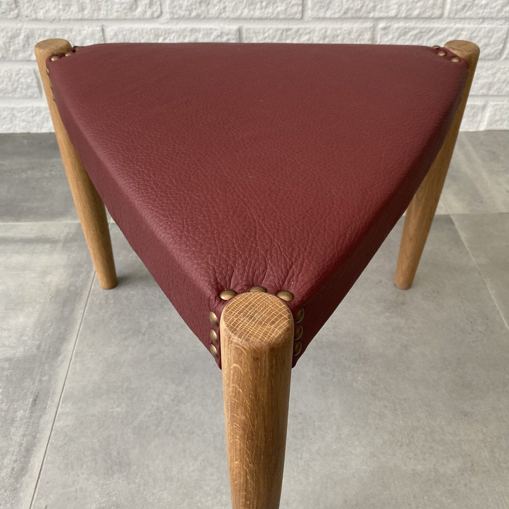 Mid-Century Scandinavian Triangular Stool in Oak and Leather, Sweden, 1960s