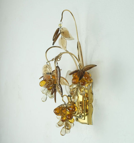 Mid-Century Sconce in Crystal Glass and Gilt Brass Grapes and Leaves by Christoph Palme for Palwa, 1970s