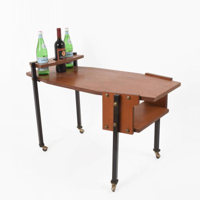 Mid-Century Serving Cart with Teak and Enameled Metal Bottle Holder-JDR-1125570