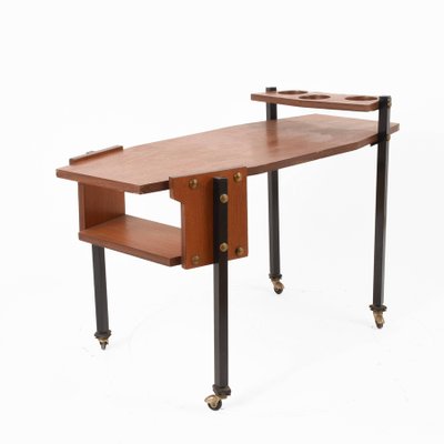 Mid-Century Serving Cart with Teak and Enameled Metal Bottle Holder-JDR-1125570