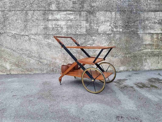 Mid-Century Serving Trolley in Teak and Brass, Italy, 1950s-PUG-1358186