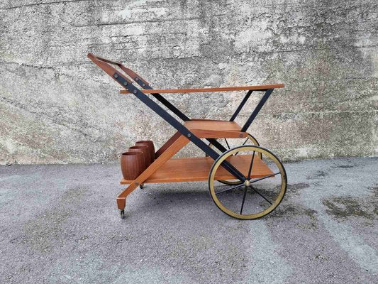 Mid-Century Serving Trolley in Teak and Brass, Italy, 1950s-PUG-1358186