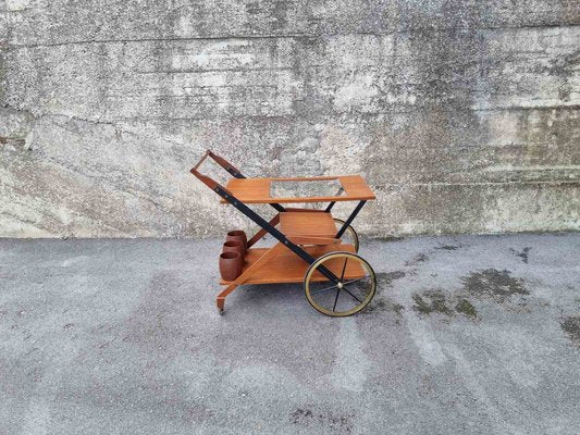 Mid-Century Serving Trolley in Teak and Brass, Italy, 1950s-PUG-1358186