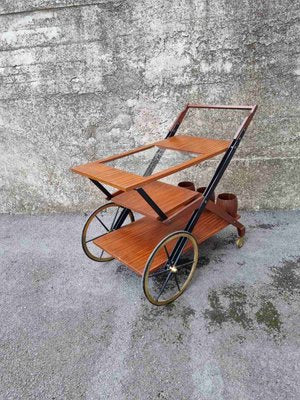 Mid-Century Serving Trolley in Teak and Brass, Italy, 1950s-PUG-1358186